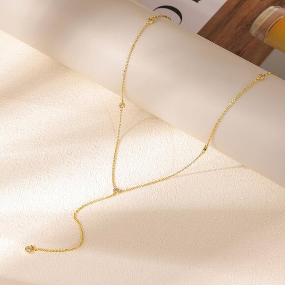 Lariat Necklace for Women, Dainty Layered Gold Long Necklaces 14k Gold Plated Be - Picture 5 of 6